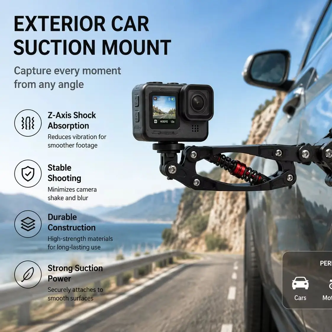 Upgraded Z Axis Shock Absorber Arm for Action Cameras, Anti Vibration Mount with Suction Cup Clamp, Bike Motorcycle Car