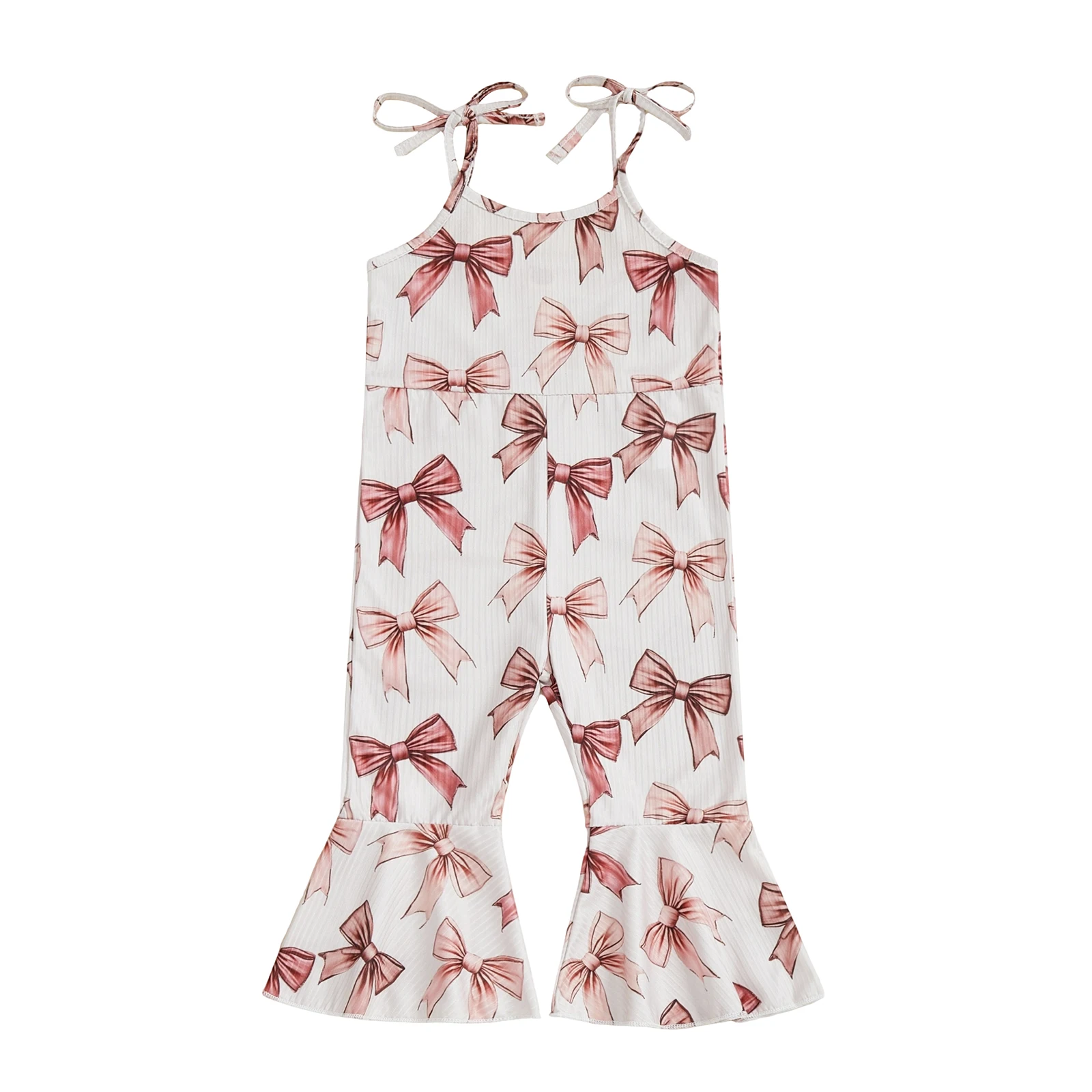

Toddler Girl Bow Print Overalls Cute Scoop Neck Tie-up Spaghetti Strap Flare Pants Jumpsuit for Summer Spring Fall