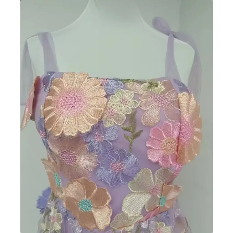 Marke Designer Abend Prom Urlaub Kleid Für Frauen Formelle Anlässe 3D Blume Stickerei Straps Bogen Sexy Tüll Sling Vestidos