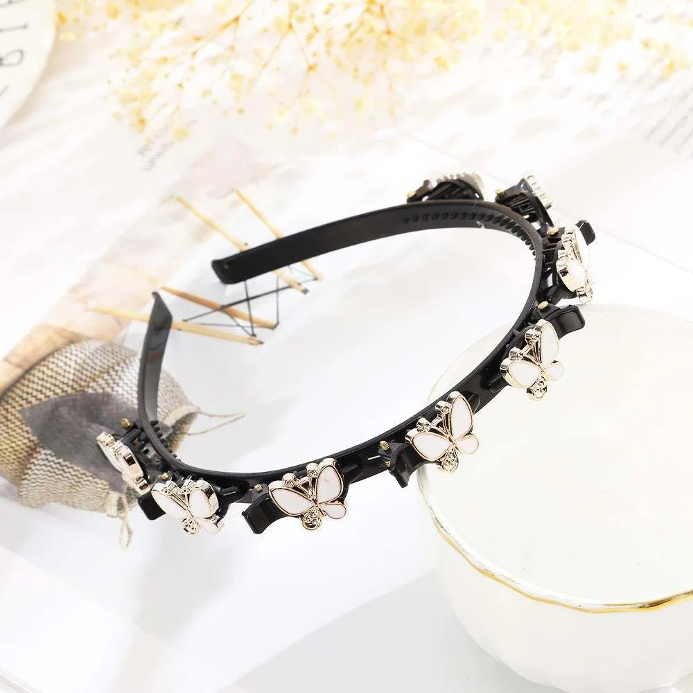 Elegant Hair Bands with Clips Sweet French Style Women Butterfly Hair Hoop Plastic Shiny Rhinestone Bangs Clip Headband Banquet