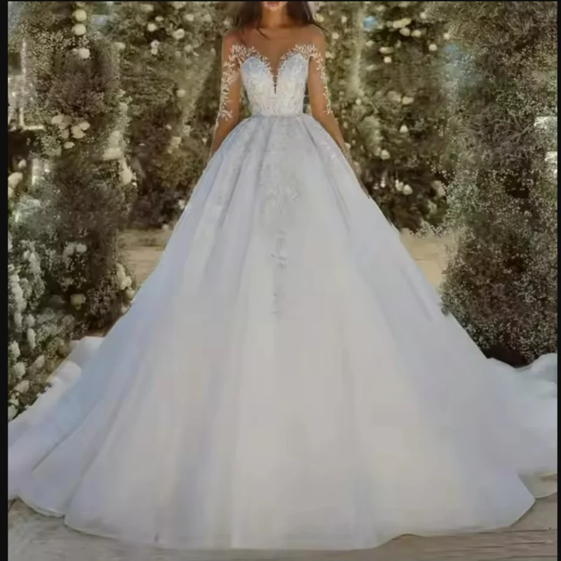 

Customized Sheer Neck Lace Appliques Modest Wedding Dress Robe De Mariée Illusion Long Sleeve Vintage Country Bridal Gown