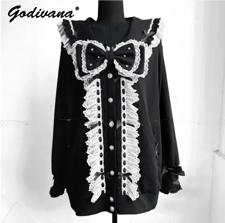 New Autumn Original Subculture Lace Patchwork Sailor Collar Large Bow Cardigan Jacket Female Girl Long-sleeved Loose Hoodie Coat
