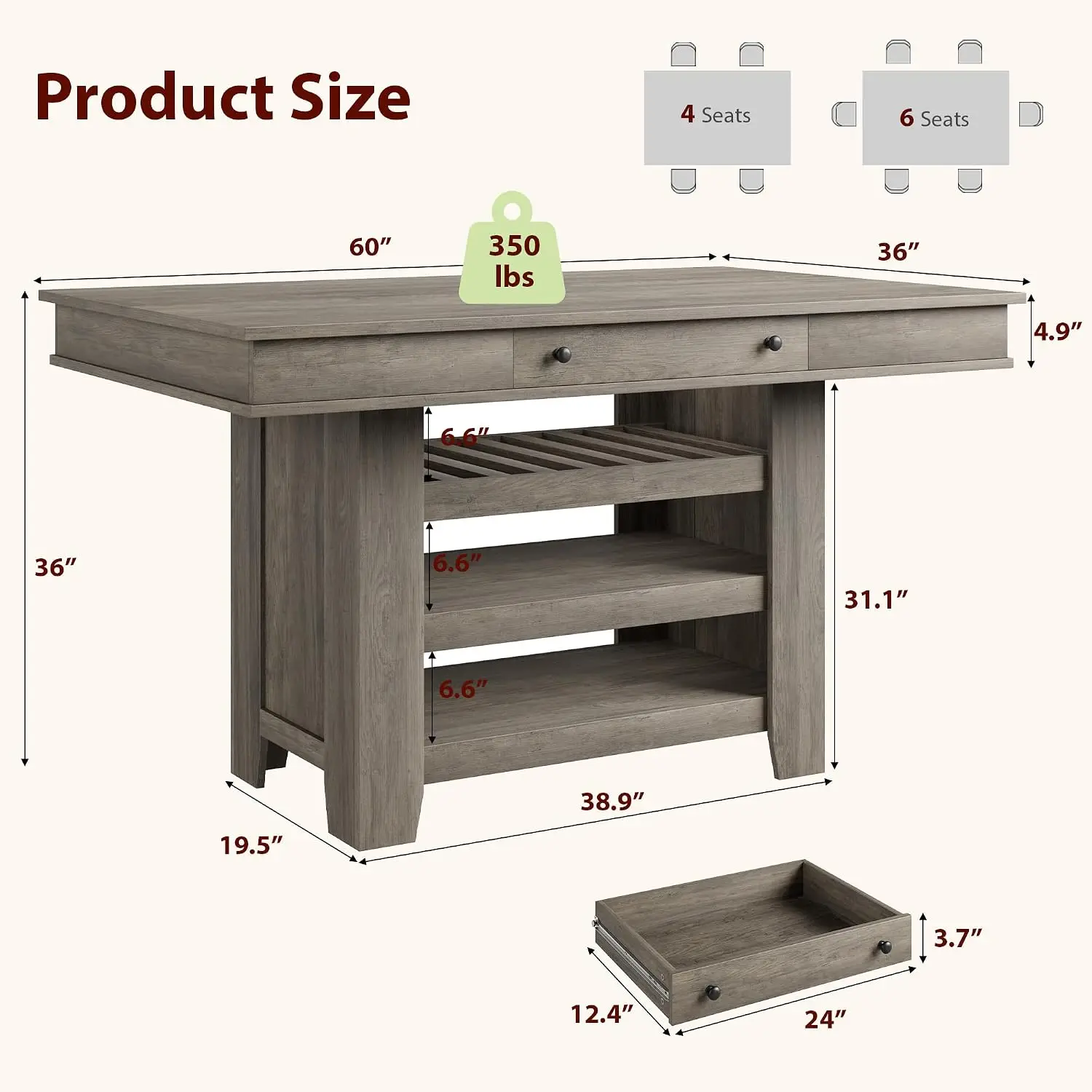 Counter Height Table 4-6, Wood Bar Table with Wine Rack & 2 Drawers & Shelves, Thick Top for Kitchen & Bar, Heavy ustomized