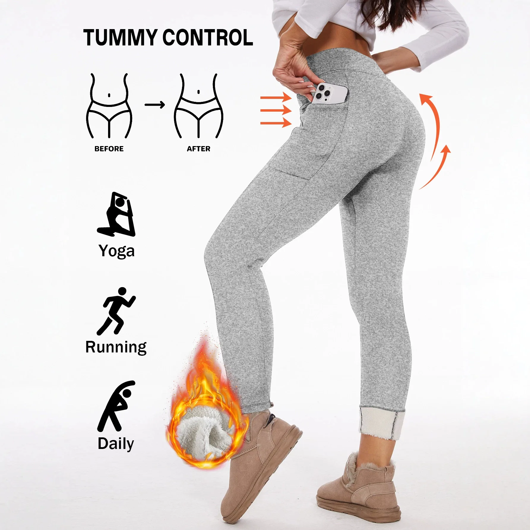High Waist Women Winter Thermal Leggings Fleece Lined with Side Pockets Tummy Control Stretch Yoga Running Tights