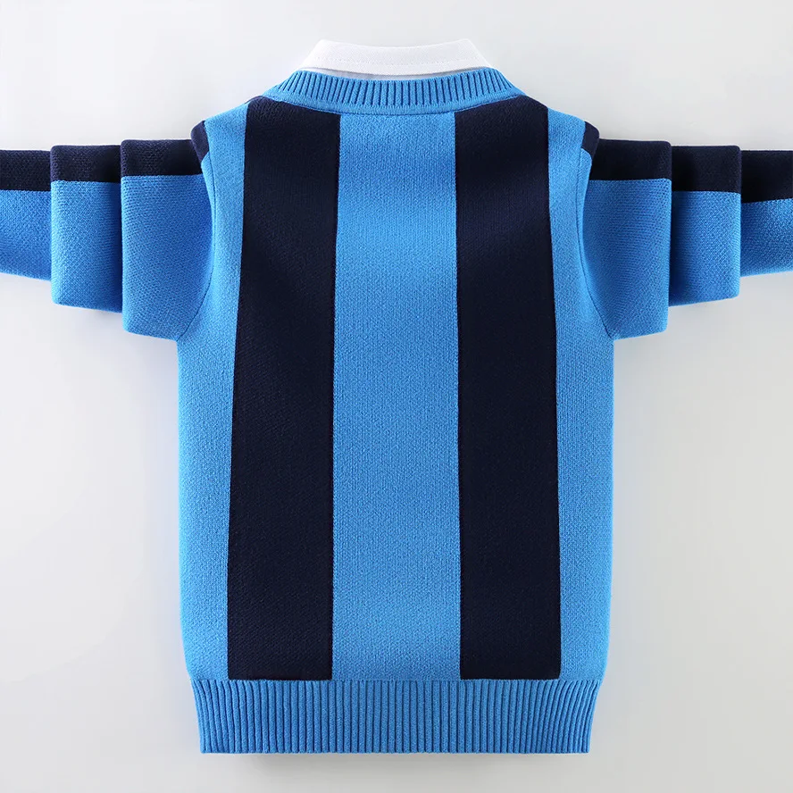 Boys Winter Sweaters 2022 New Kids Shirt-Collar Pure Cotton Striped Knitwear Children\'s Thicken Warm Pullovers Can Match Velvet