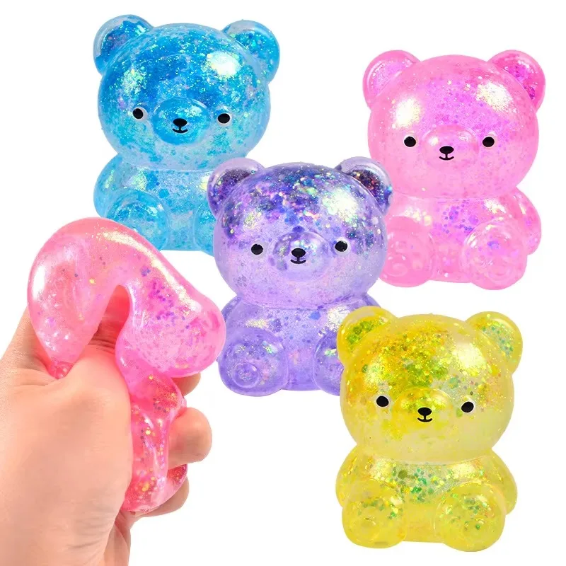 Aurora Bear Squeeze Toy Translucent Glitter Squishy Slow Rising Maltose Bear Aurora Glitter Sensory Toy for Soothe Anxiety