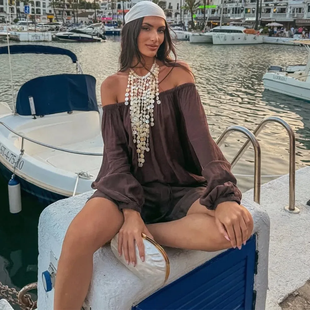 Kondala casual marrom solto ternos femininos slash neck manga longa topos de cintura alta perna larga shorts moda 2025 outono conjuntos de férias