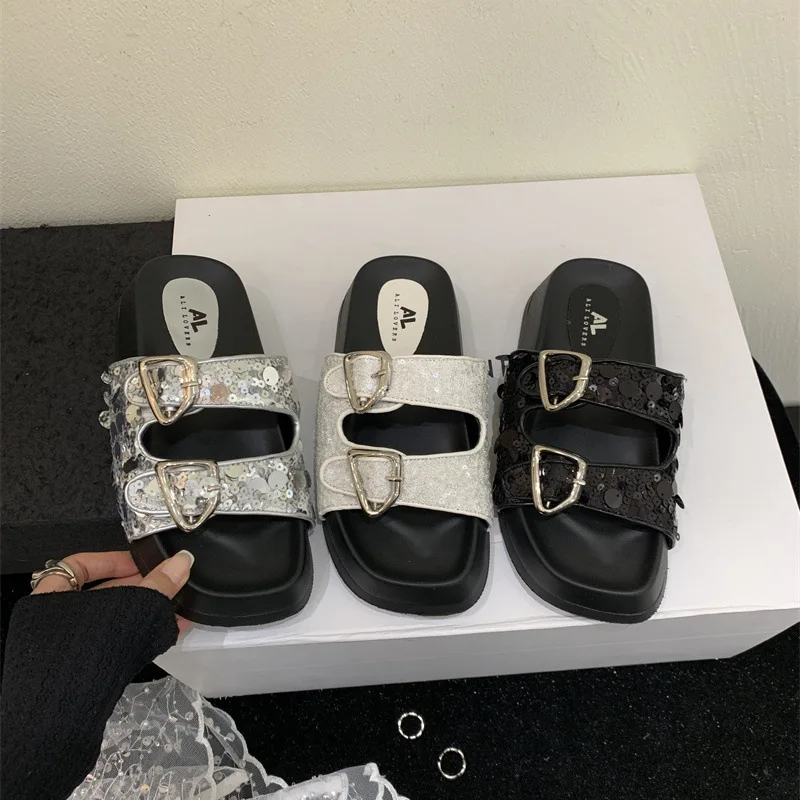 

Slippers Casual Female Shoes Platform Slides Low Luxury 2024 Silver Summer Rubber Rome Fashion Bling Fabric Hoof Heels Scandals