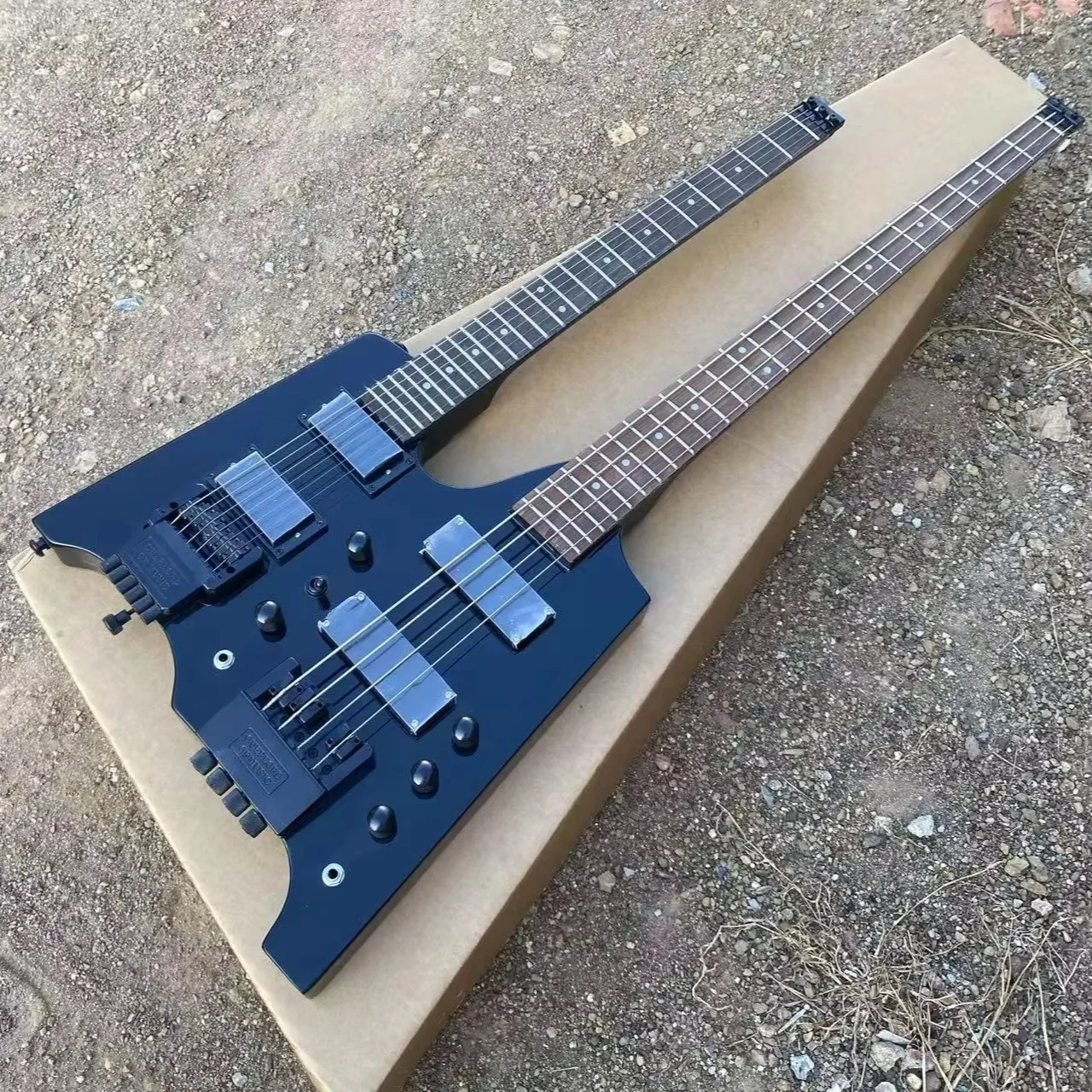 Black Color Double Neck Headless Electric Guitar Tremolo Bridge 6 String Guitar + 4 String Bass, 24 Frets Black Hardware