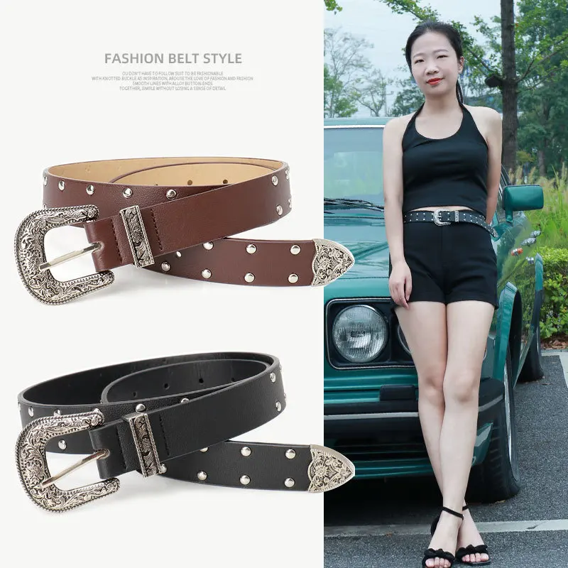 

Fashion Alloy Pin Buckle Carved Waist Belt Chic Y2K PU Leather Belt Vintage Harajuku Jeans Belts For Women