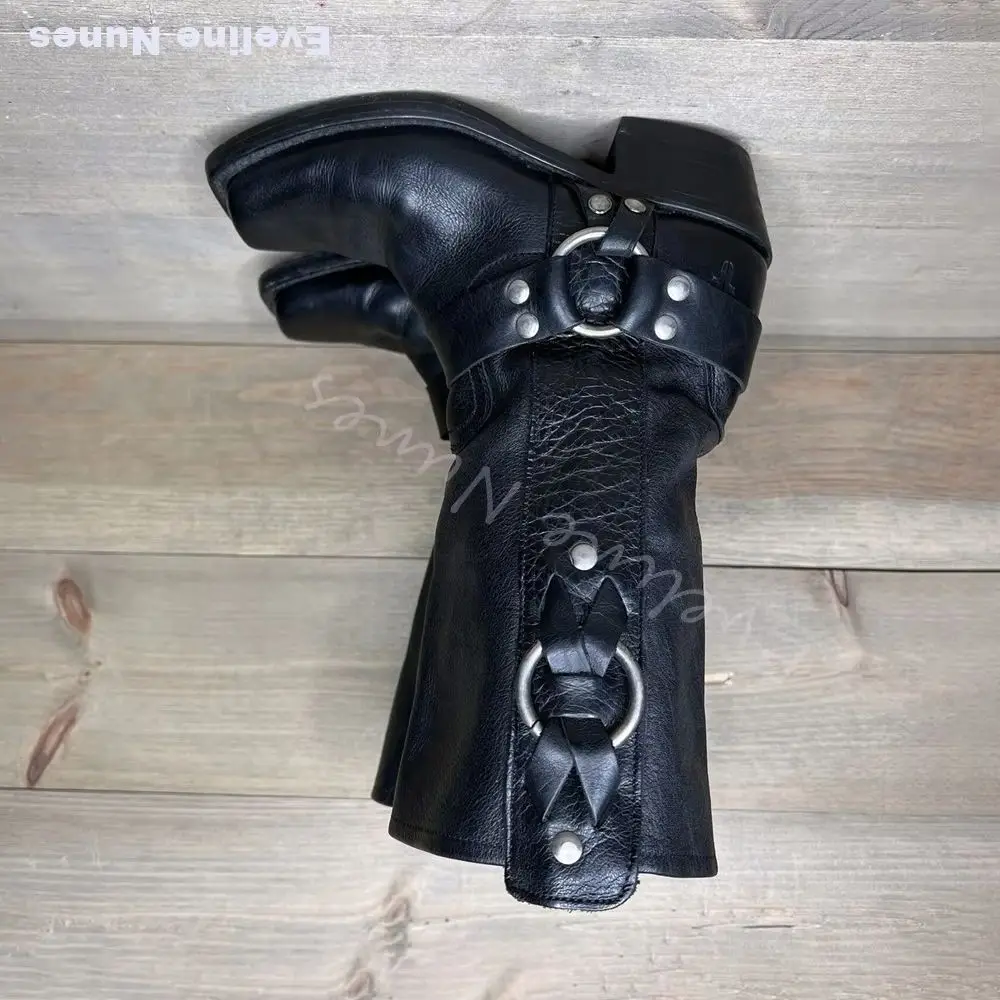Women Black Leather Western Cowboy Boots Metal Ring Harness Biker Mid Calf Boots Square Toe Block Heel Vintage Motorcycle Boots