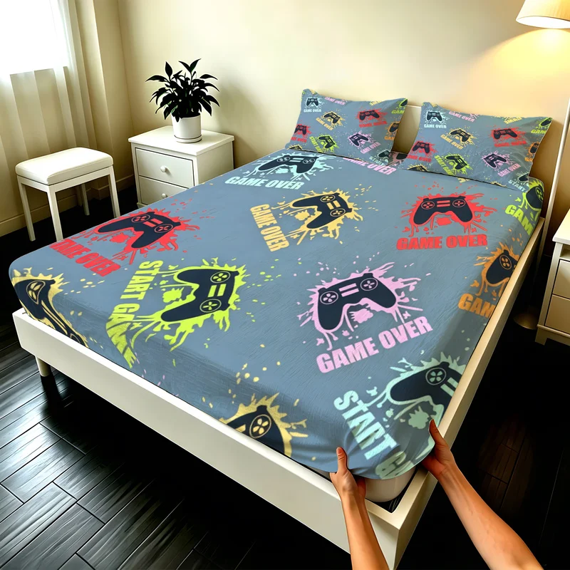 3Pcs Microfiber Fitted Sheet Set,Deep Pocket,Multi-Sizes,Durable,Vibrant Game Controller Motif,Modern Bedroom Decor for Gamers