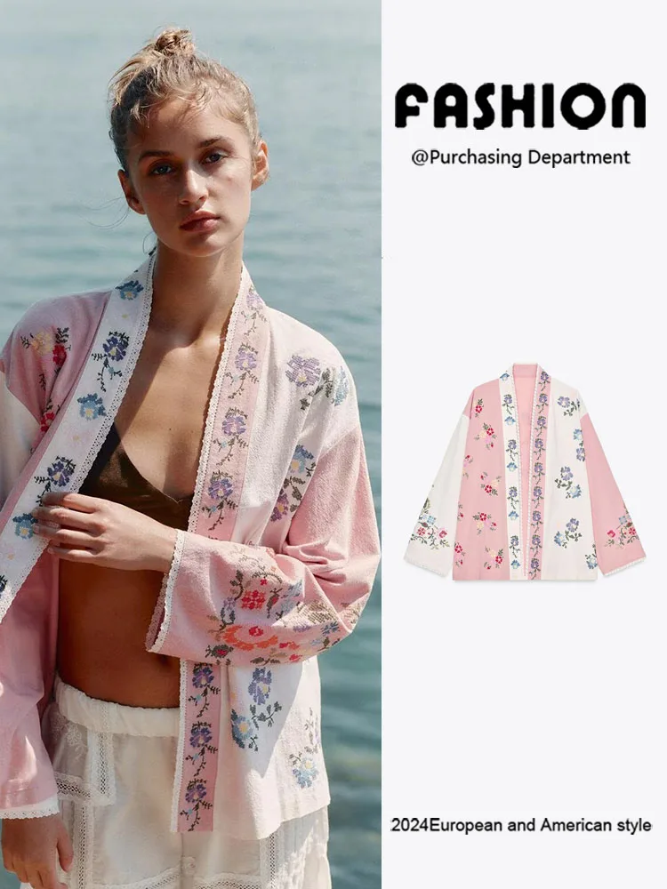 2025년 가을 신상 여성 패션 다용도 슬림핏 긴팔 면 플로럴 자수 롱 셔츠 우아한 품질