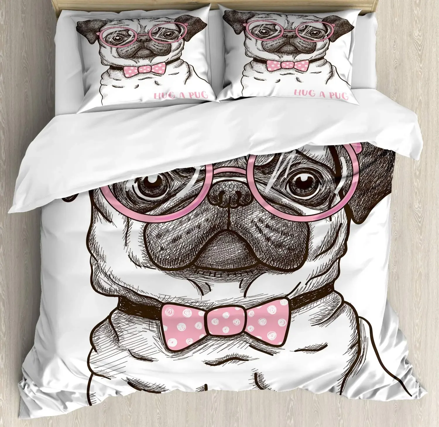 Pug Duvet Cover Dog A Bow Tie and Nerdy Glasses on Pastel Tone Shade Backdrop Room Decor Apple Green Pale Blue Theme Children