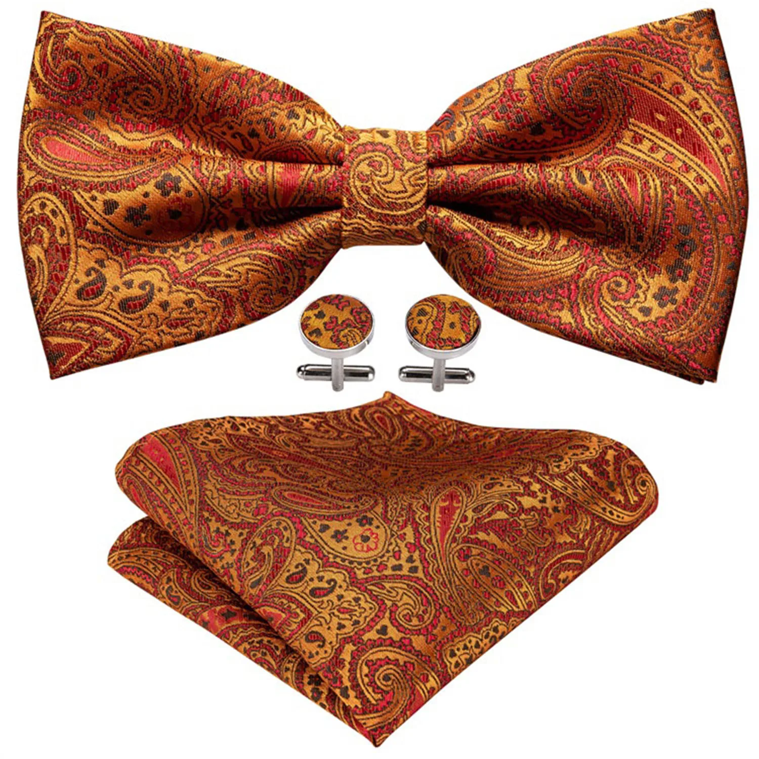Barry.Wang Jacquard-Herren-Fliege, Orange, Lila, Blumenmuster, Paisley, solide, vorgebundene Fliege, Einstecktuch, Manschettenknöpfe, Set, vorgebundene Party