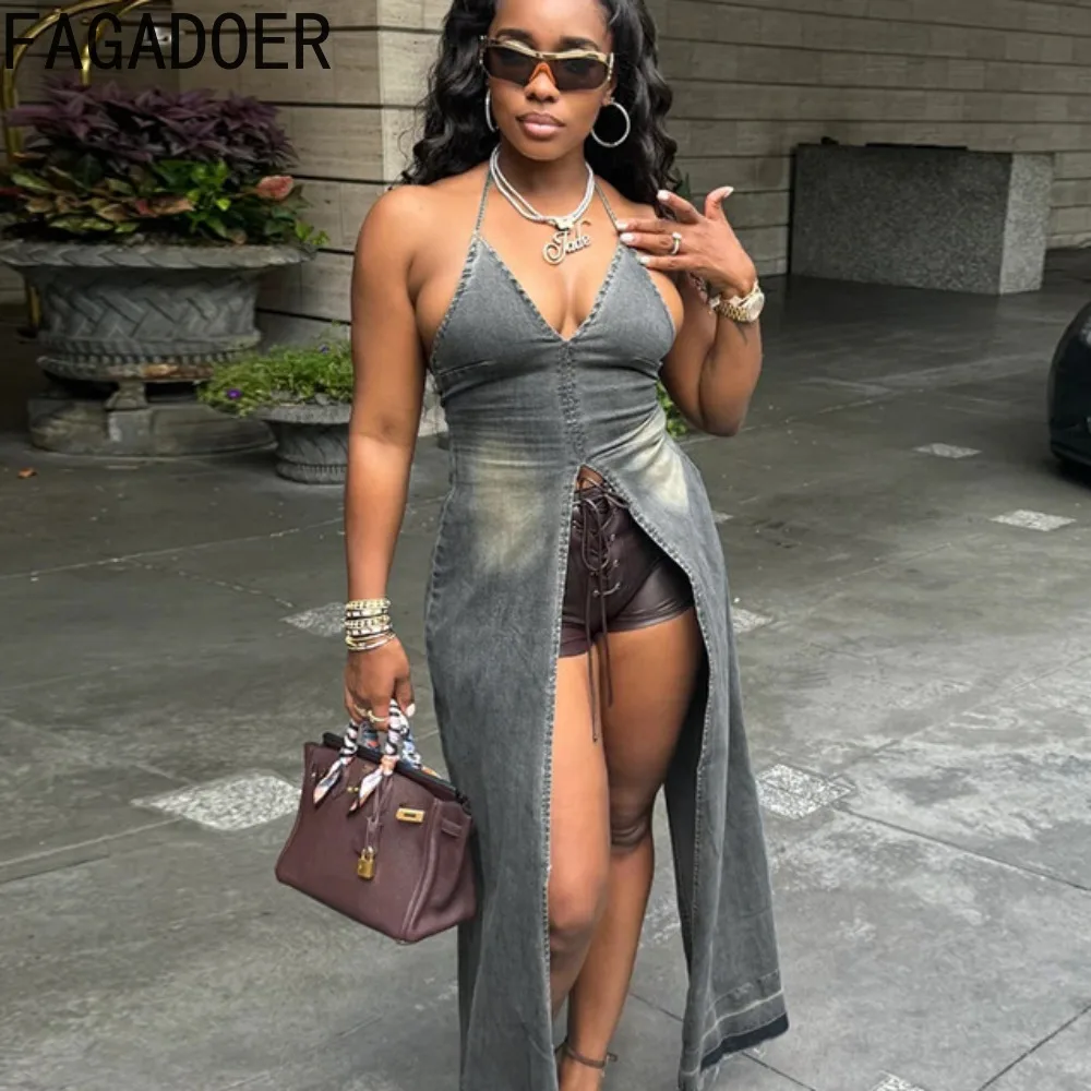 

FAGADOER Retro Denim Fashion High Slit Halter Dresses Women Sleeveless Backless Bodycon Vestidos Sexy Solid Cowboy Streetwear