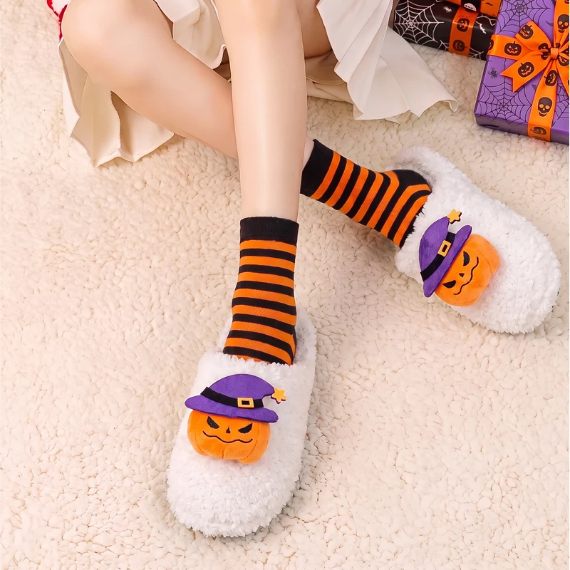 ZUOFU Halloween Plush Slippers For Women Men Couples Pumpkin Ghost Bat Spooky Warm Non-Slip Fluffy Indoor Home Shoes