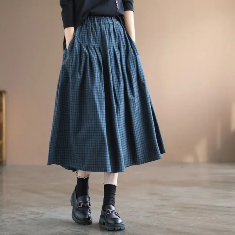 2026 Women's Skirt Vintage Spring/Summer Plaid Elastic Waist Mid Length A-line Skirt Female Long Skirts for Woman