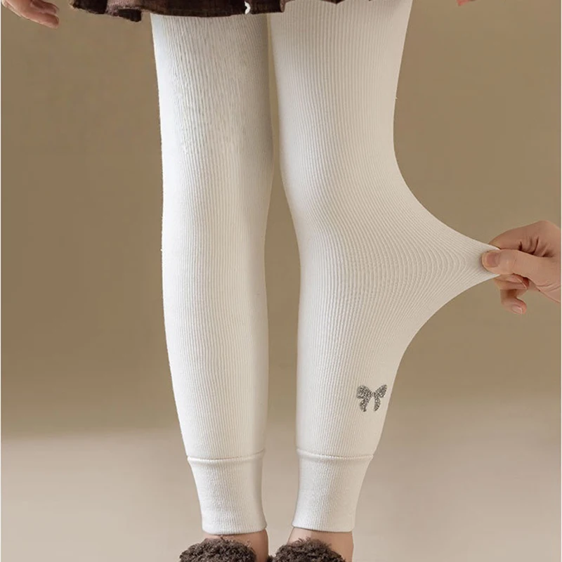 2025 New Girls Clothes Winter Fleece Lined Thick  Leggings with Bowknot Embroidery 3-15Y Kids Warm Tights Children Cute Bottoms