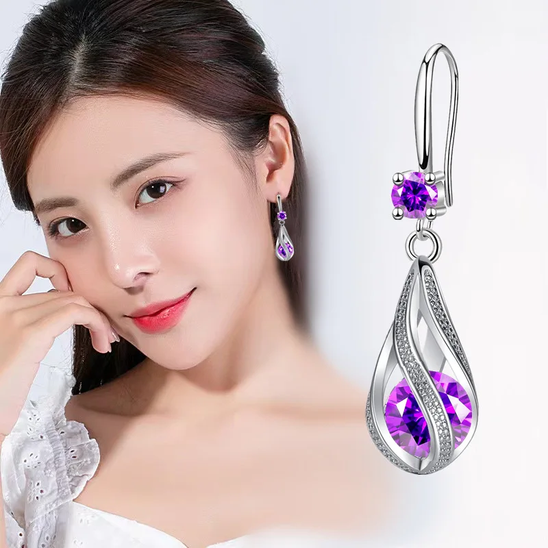 

Charm 925 Sterling silver fine Purple Crystal earrings for women luxury fashion jewelry party wedding accessories Christmas gift