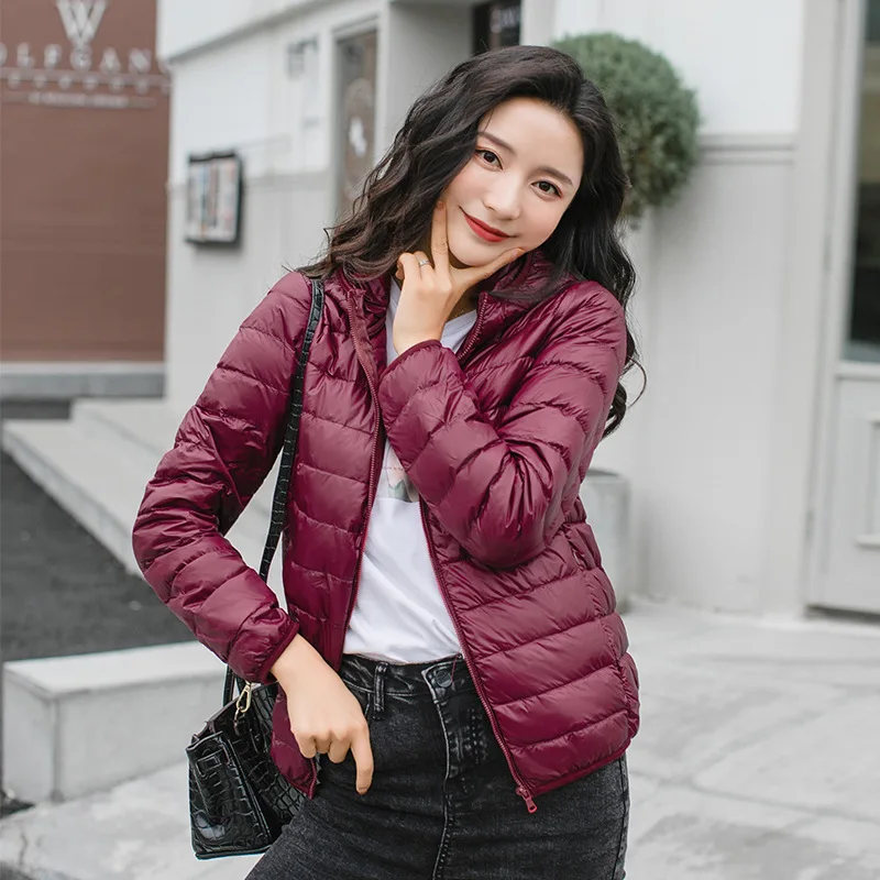 Women Down Coat Lightweight Warm Hooded Puffer Jacket Plus Size Packable Autumn Winter Clothes Simple Short Outwear Full-Zip
