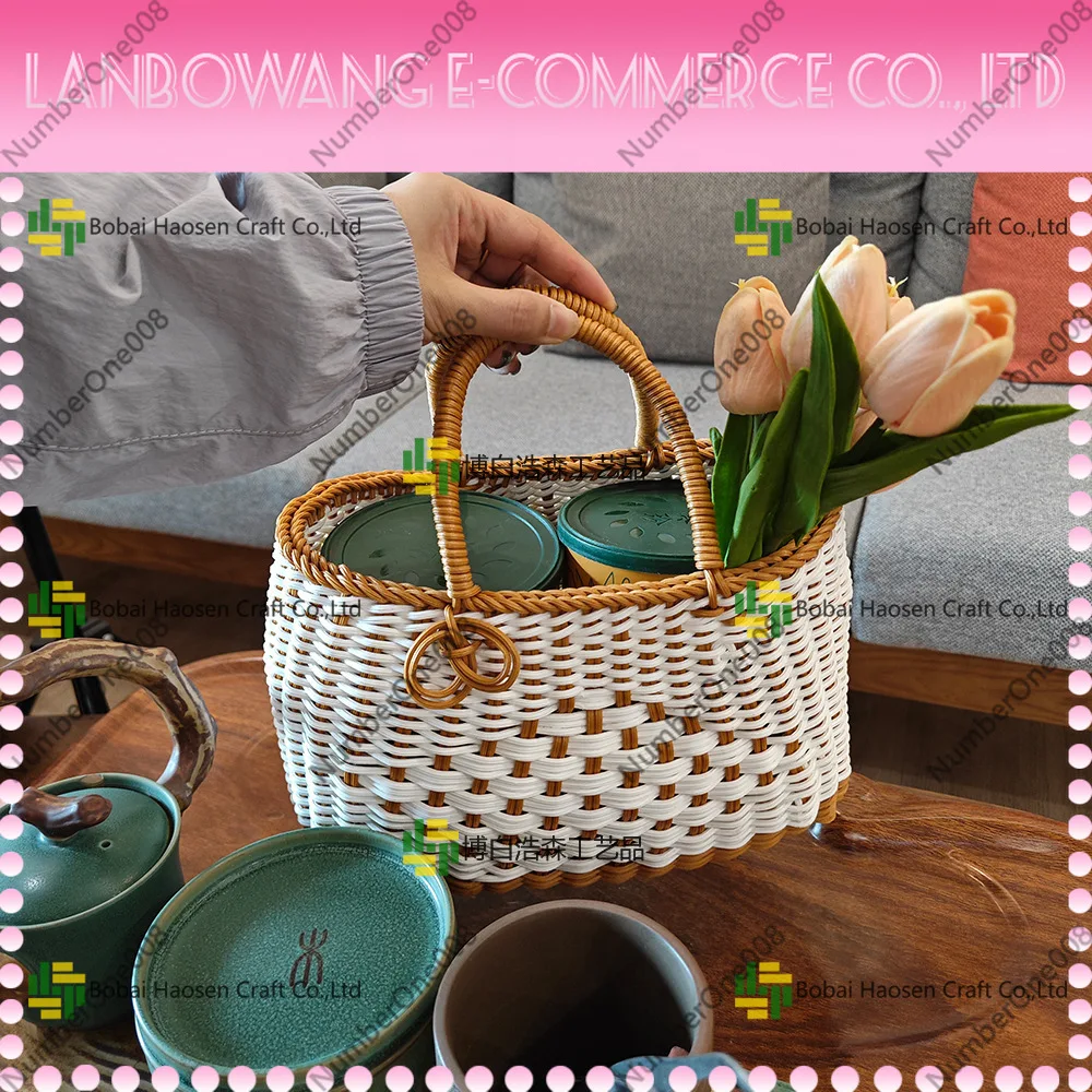 Handwoven Rattan Style Shopping Fruit Bread Basket Striped Decorative Storage for Home