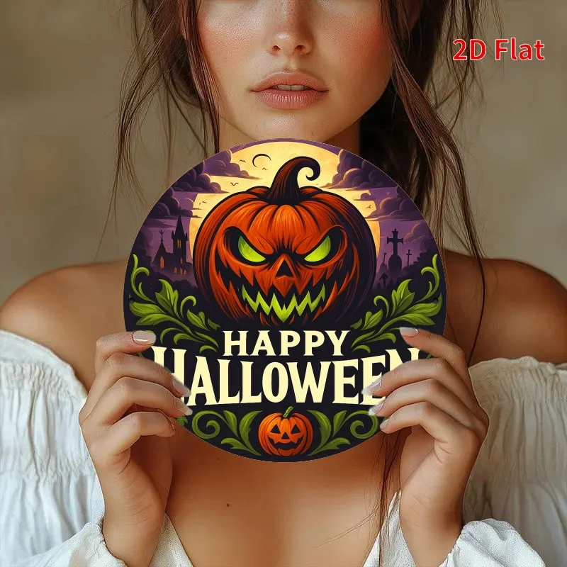 2D Flat, 2D flat printing, retro round iron sign- Halloween pumpkin celebration picture, suitable for bedroom, dining room