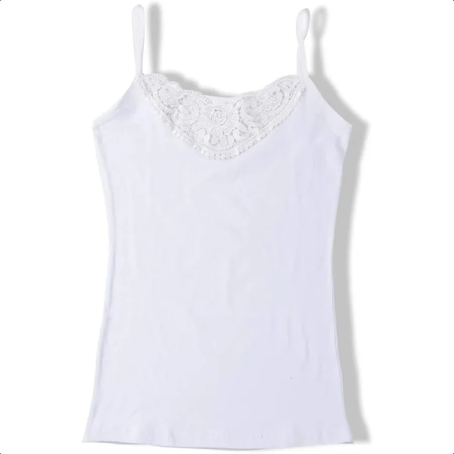 

Womens Tank Top Camisoles with Premium Cotton Italian Design Trimmed with Flower Lace on Neckline