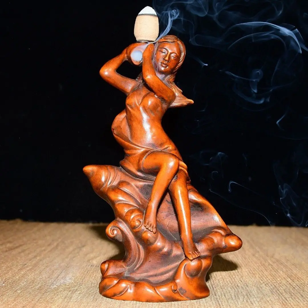Hand Carved Wood Lotus leaf beauty  Backflow Incense Burner Statue Figurine Desktop Ornaments Home Decoration