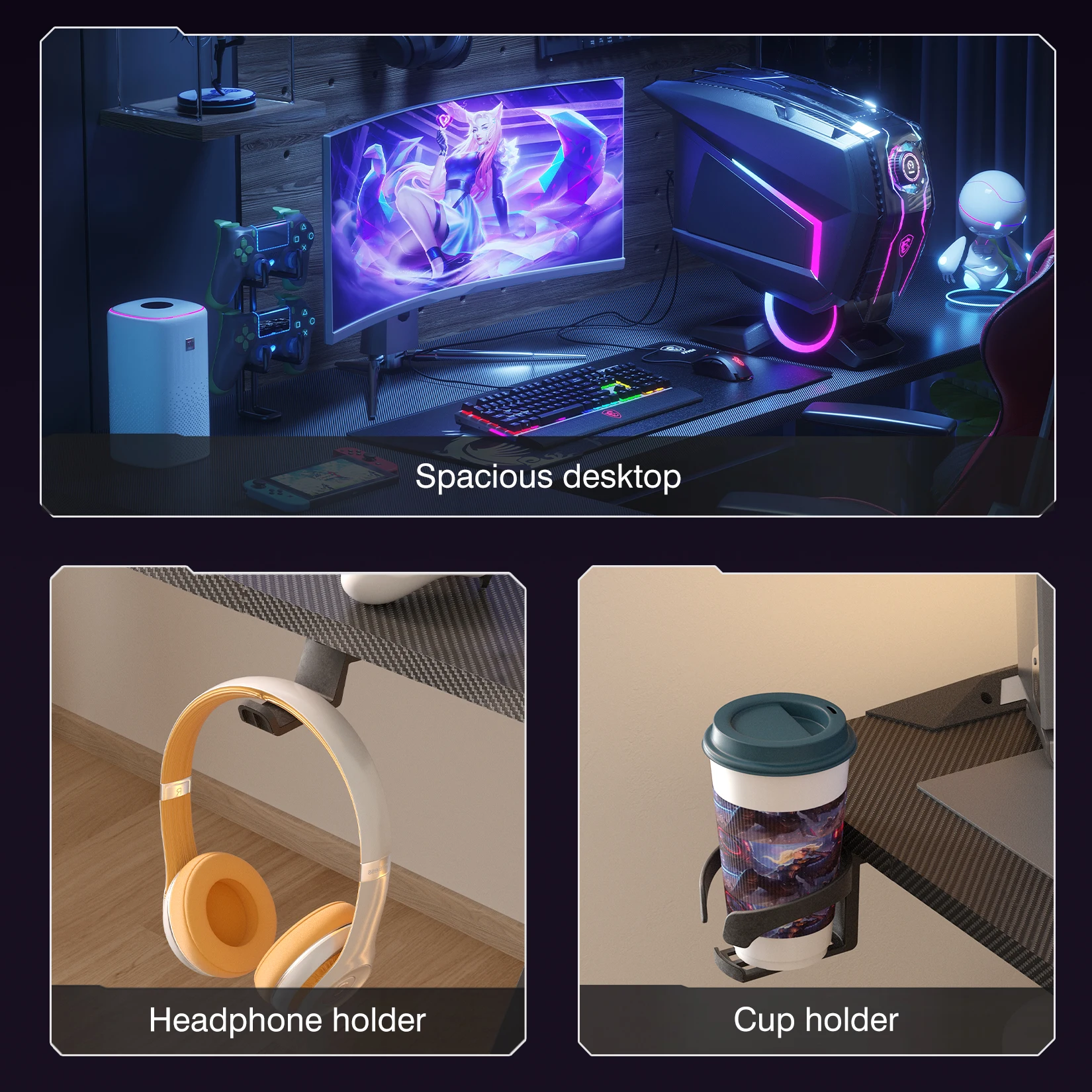 XXXL Duże narożne biurko do gier w kształcie litery L Stół komputerowy dla graczy z podświetleniem LED RGB z uchwytem na kubek i haczykiem na