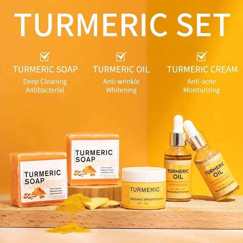 

3pcs/set Turmeric Care Sets Face Cleansing Cream Face Cream Turmeric Soap Face Care Turmeric Oil