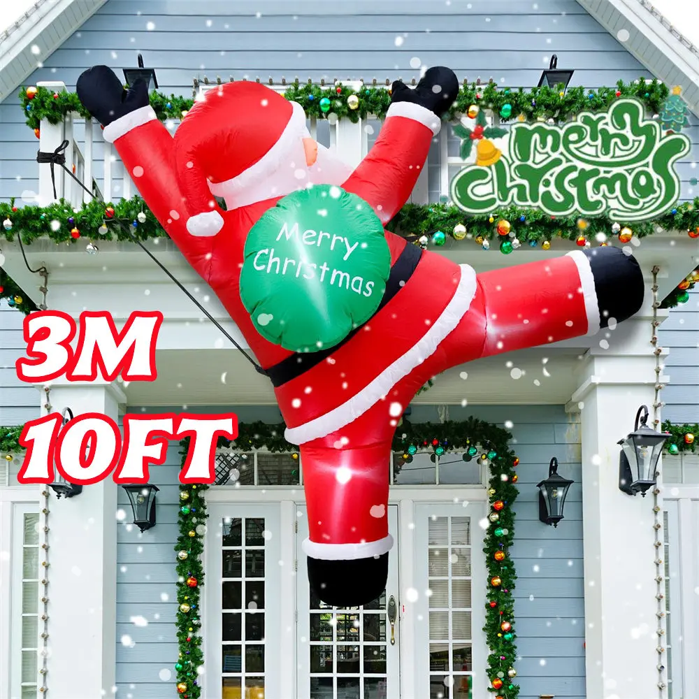 2M/10FT Christmas Inflatable Climb The Wall Santa Claus Carrying Gift Pack Built-in LED Lights Xmas Party Window Decoration Prop