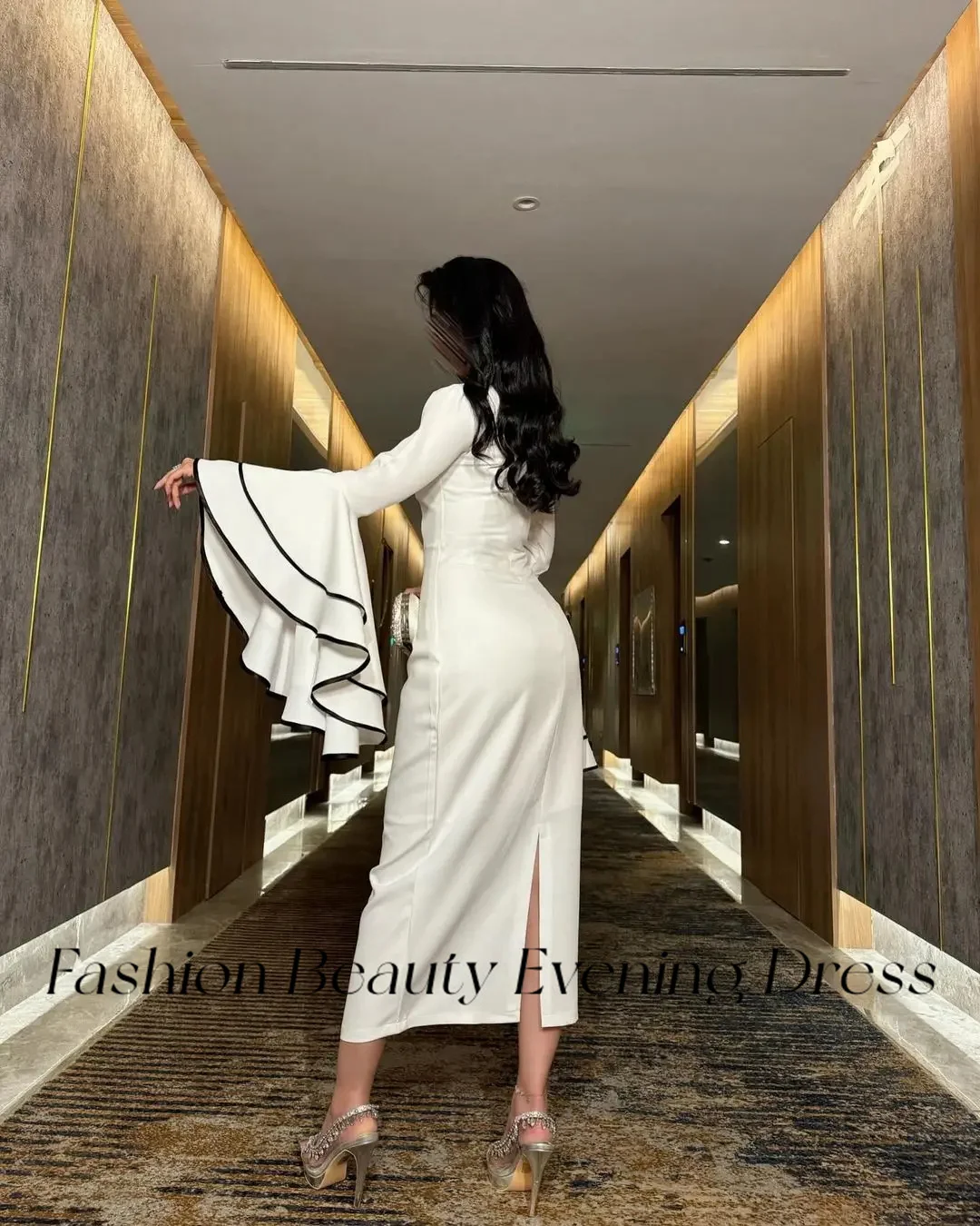 Fashion Beauty Evening Dresses Flare Sleeves Tea-Length Back Slit Simple Elegant Party Dress For Women 2024 vestidos de gala image 2