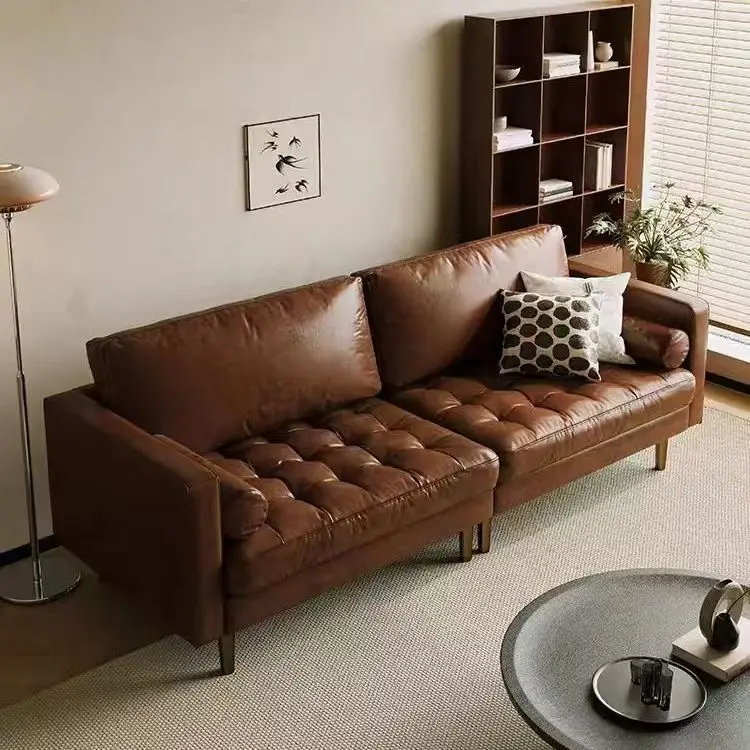 

Retro oil wax cowhide sailing sofa living room antique modern simple light luxury leather art straight row small apartment