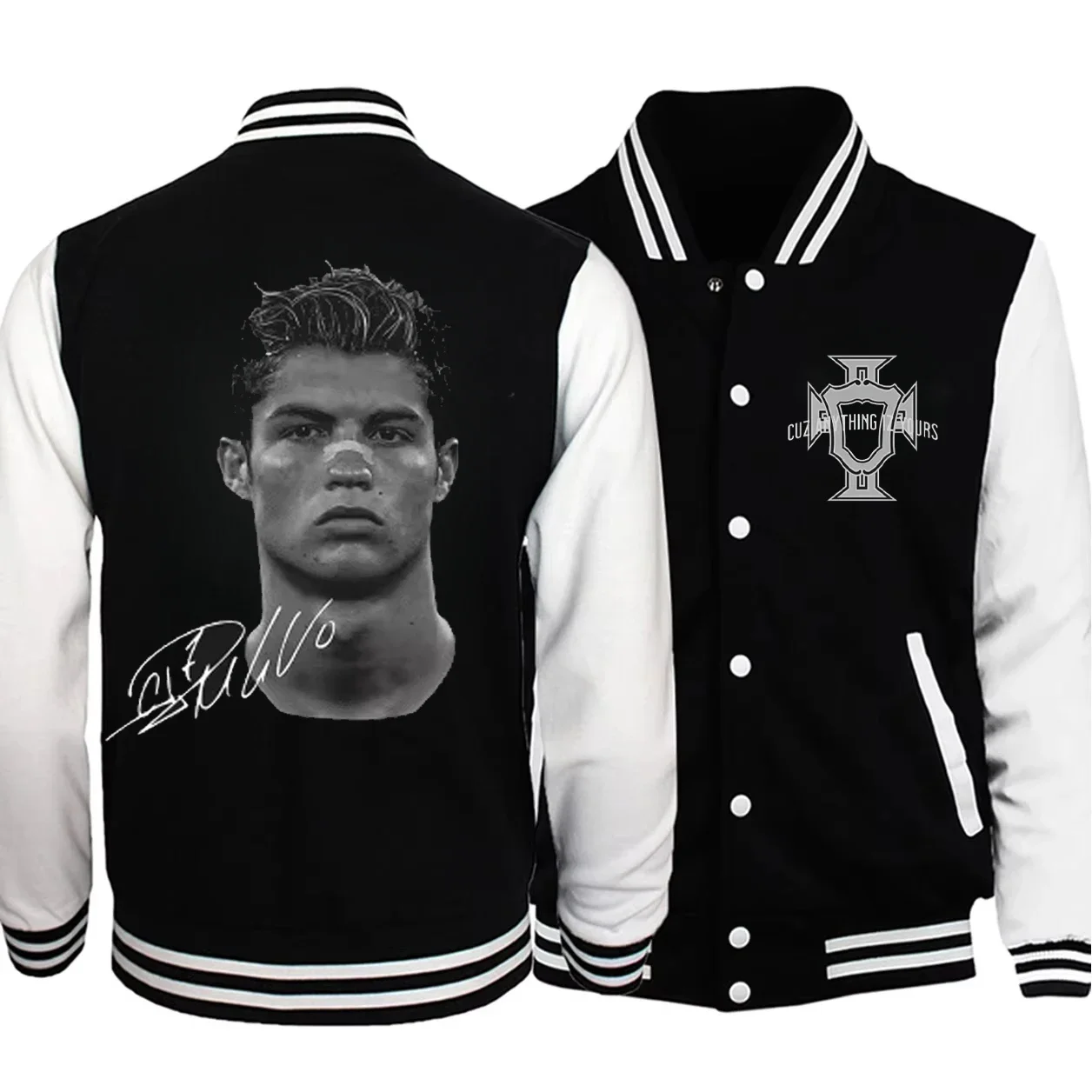 

2025 Harajuku Cristiano Ronaldo Soccer Superstar Super Fashion Printed Baseball Suit Men's Distress American Trend Jacket