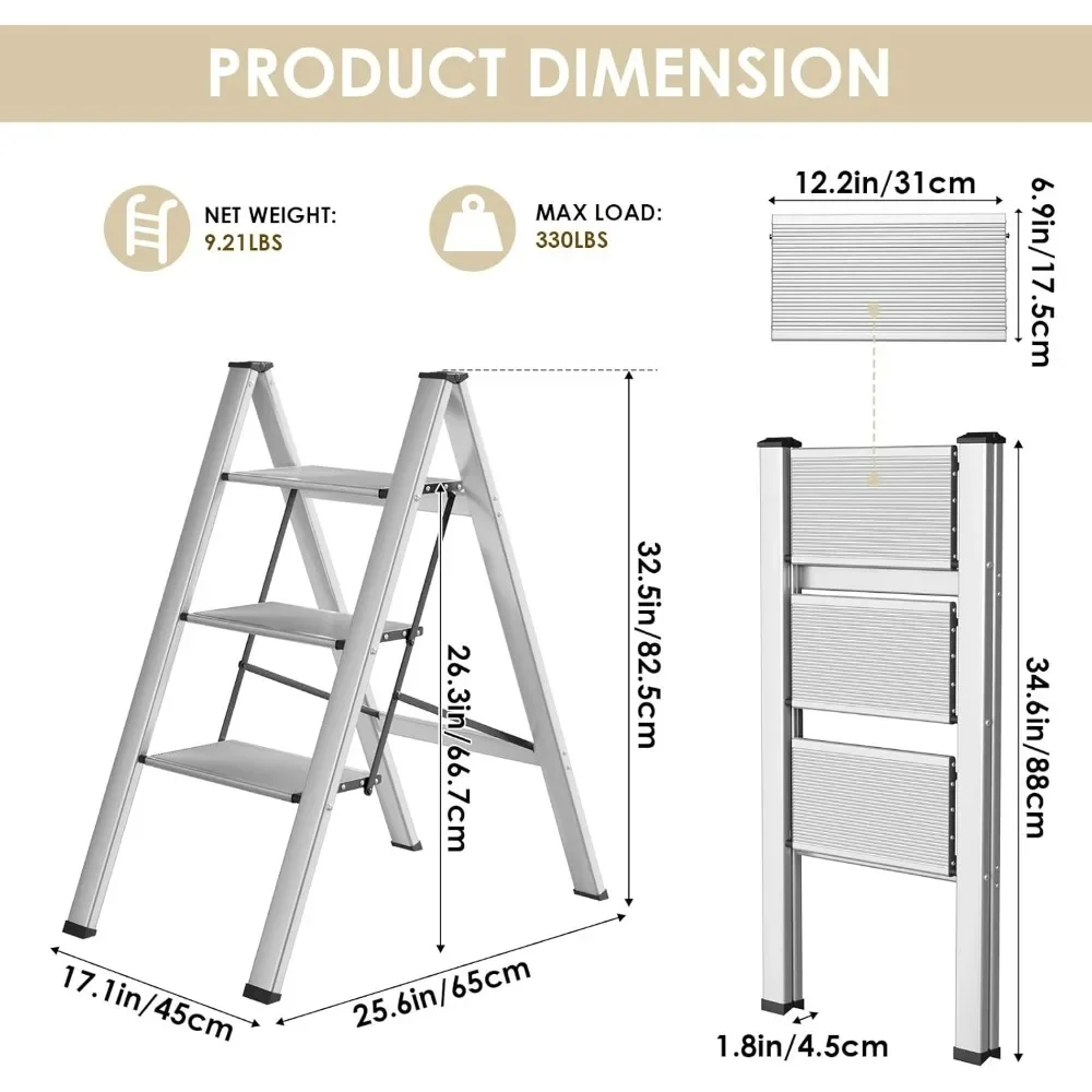 3 Step Ladder, Aluminum Step Ladder 3 Step Folding with Anti-Slip Pedal,330LBS Capacity Folding Step Ladder, for Kitchen, Office