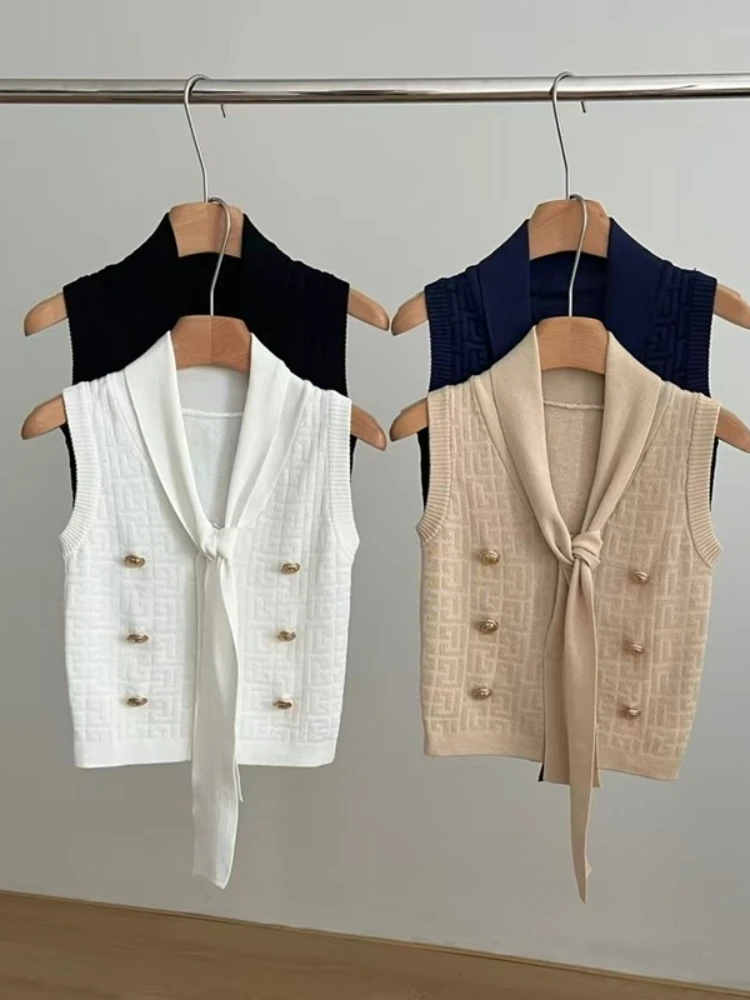 

New Women's V-neck Knitted Sleeveless Vest, Elegant Collar Lace-up Double-breasted Pullover Top Fashion Lady's Clothing