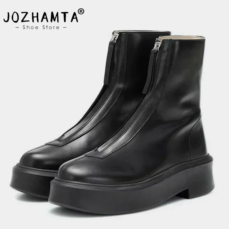 JOZHAMTA-Ankle Boots de couro real para mulheres, saltos grossos, botas de plataforma, sapatos casuais, vestido de escritório, outono, inverno,