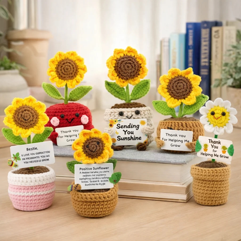 PlantSeries Positive Energy Sunflower Crochet Doll Handmade Knitted PottedPlant Hug with Encouragement Card Mini Desk Decor Gift