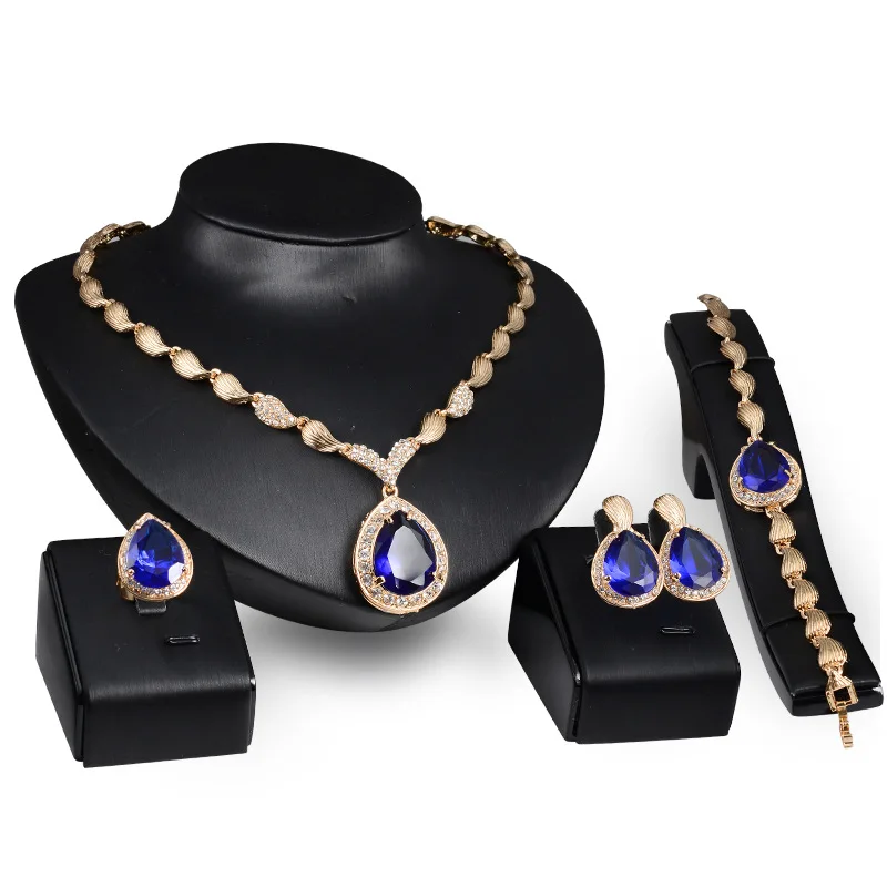 Exaggerated Personality Fashion Africa Jewelry Set Waterdrop Gemstone Alloy Gold Plated Earring Bridal Banquet Jewelry Gifts