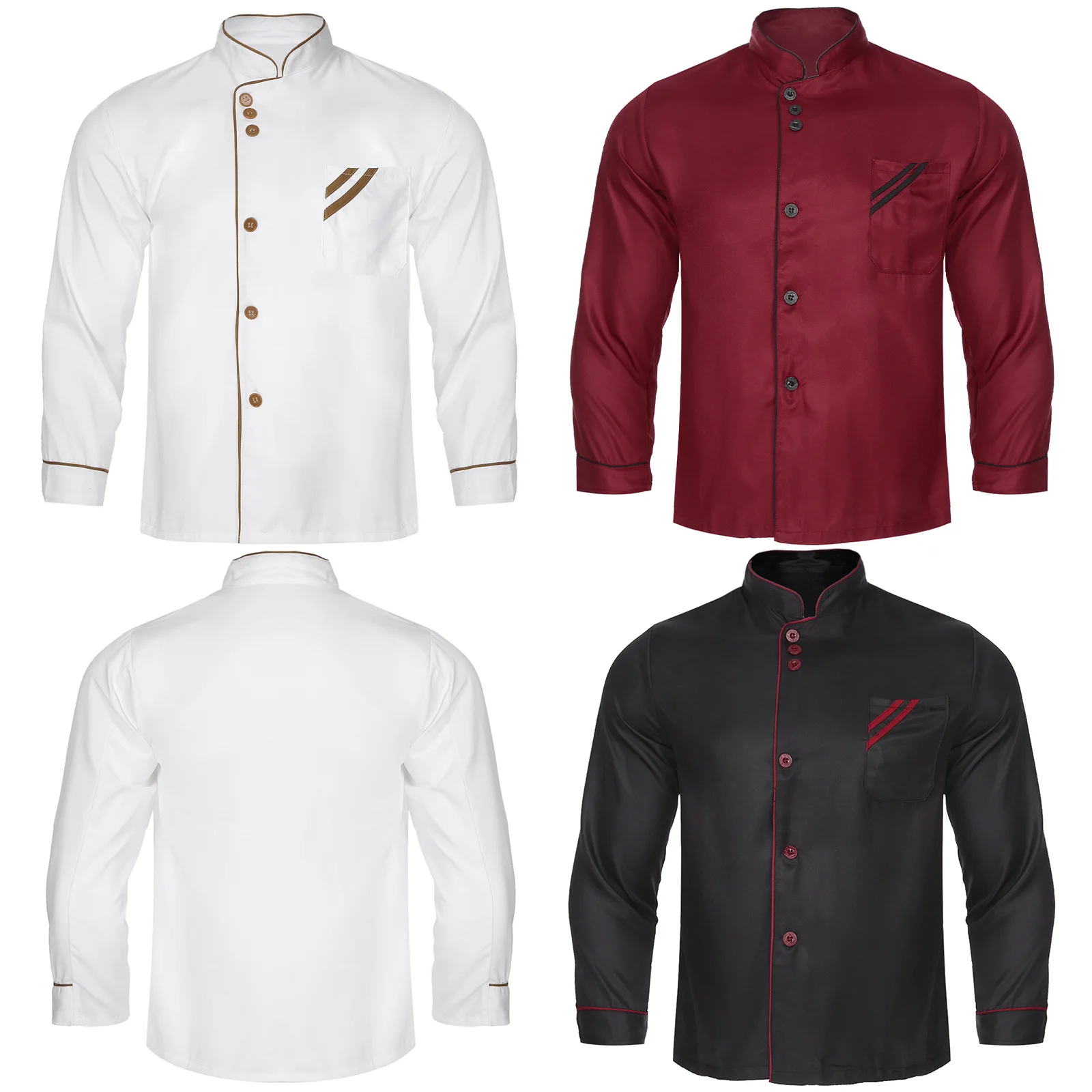 Mens Womens Chef Shirt Long Sleeve Jacket Stand Collar Contrast Trim Button Kitchen Uniform for Restaurant Hotel Bakery Canteen