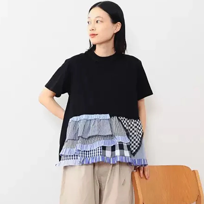 

Casual Loose Fit Cotton Short Sleeve T-Shirt Women's New Summer 2026 Sweet Slimming Hem Irregular Lotus Leaf Design