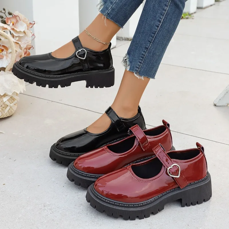 *Four Season Fashionable Elegant Casual Coarse Heeled Women's Shoes Newly Solid Color Comfortable Buckle Round Toe High Heels