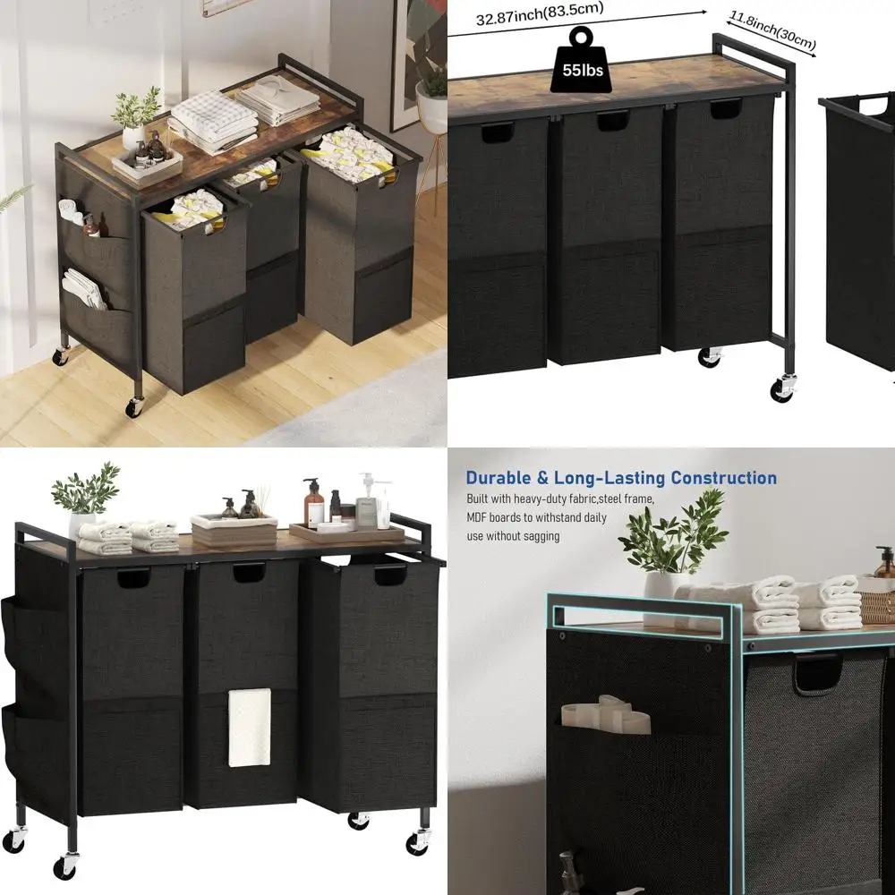 

Корзина для белья с верхней полкой и 3 съемными пакетами для эффективной сортировки и хранения коричневого и черного цвета в деревенском стиле.