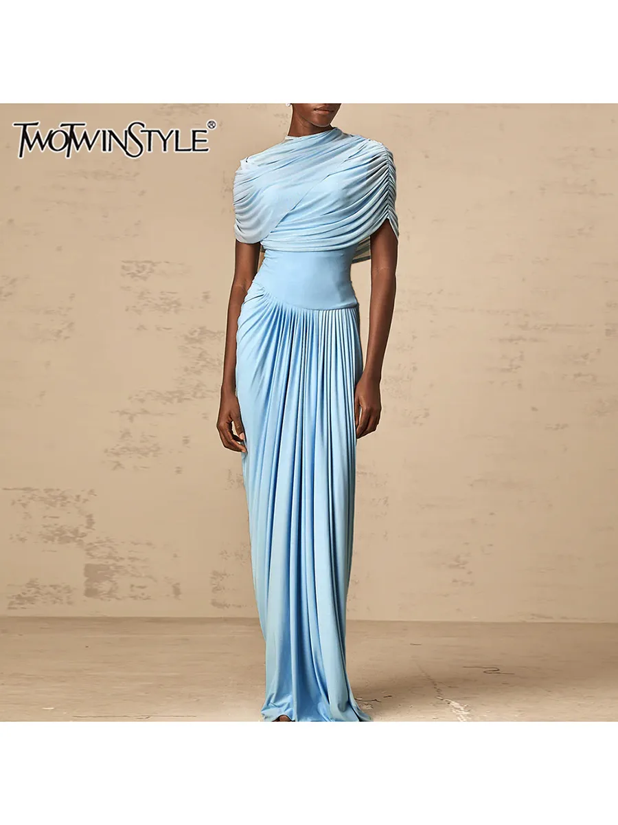 TWOTWINSTYLE Solid Spliced Folds Slimming Dresses For Women O Neck Short Sleeve High Waist Temperament Long Dress Female Fashion
