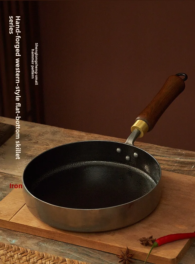 DSA Hand Forged Iron Pan Right Angle Straight Edge Flat Frying Pan for Home Fry Fish Fried Egg Non-stick