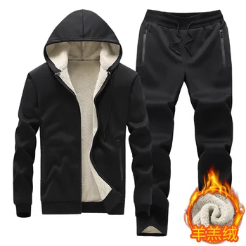 Hooded lambskin medium and elderly large size warm suit with plush thick hoodie jacket+thick pants two-piece set