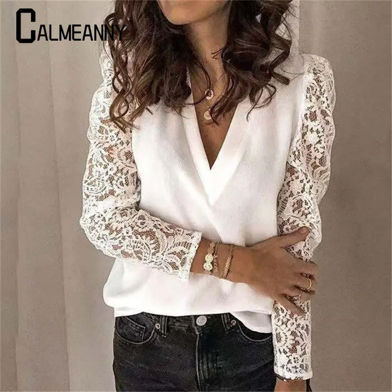 Camisa con cuello en V para mujer, Blusa con manga de encaje de retazos huecos, Estilo Vintage, elegante, a la moda, novedad