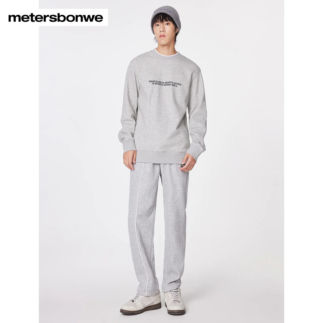 Metersbonwe-Men's Straight-Leg Sweatpants Regular Fit Fleece-Lined Thick Trousers Adjustable Leg Drawstring Campus Winter