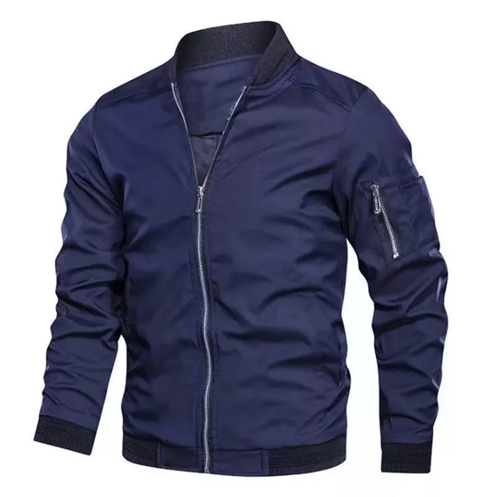 Men For Slim Fit Polyester Stand Collar Jacket Zipper Closure Pockets Regular Length Long Sleeve Cardigan Outerwear